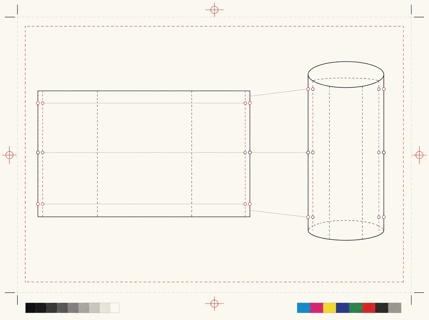 Technical drawing of a flat gridded rectangle beside the same grid wrapped onto a cylinder, with leader lines connecting matching points and the outer thirds compressed into narrow slivers.