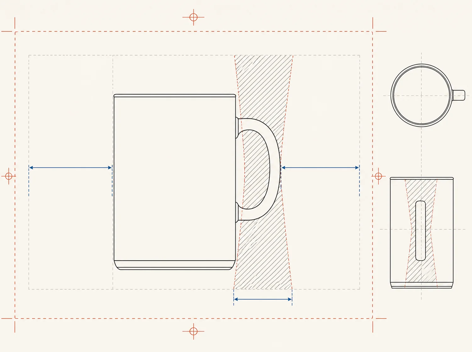 Elevation of a cylindrical vessel with a side handle, the wedge behind the handle filled with 45-degree hatching and dimension arrows spanning the printable band either side.