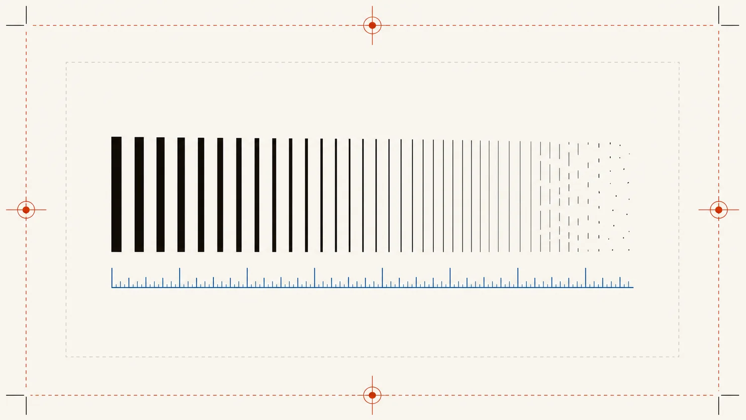 Test diagram of vertical strokes thinning left to right, the finest ones breaking into disconnected fragments above a finely ticked measurement rule.