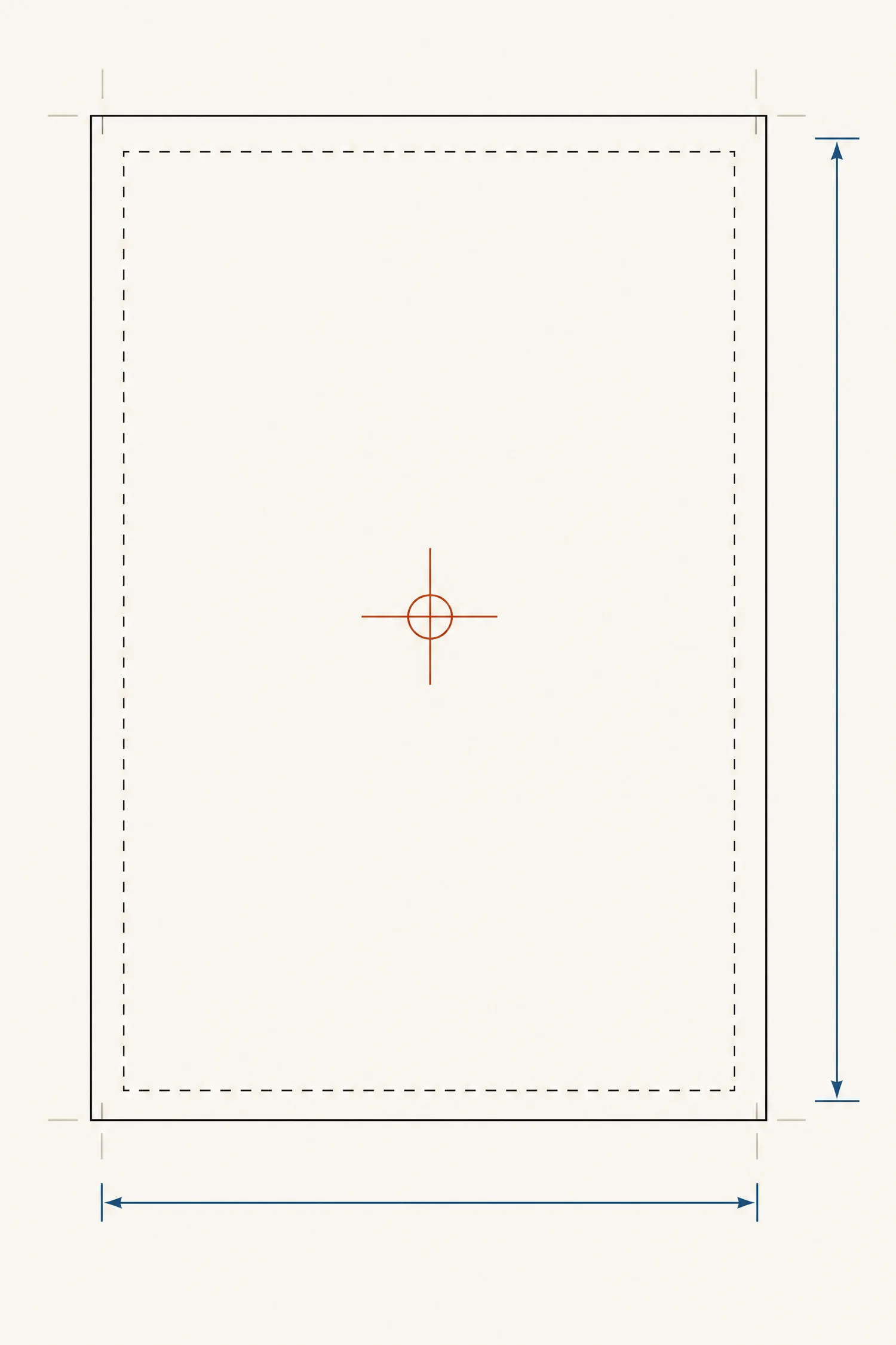 Die-line drawing of an upright print panel with a dashed inner boundary, a central registration crosshair and dimension arrows along two edges.