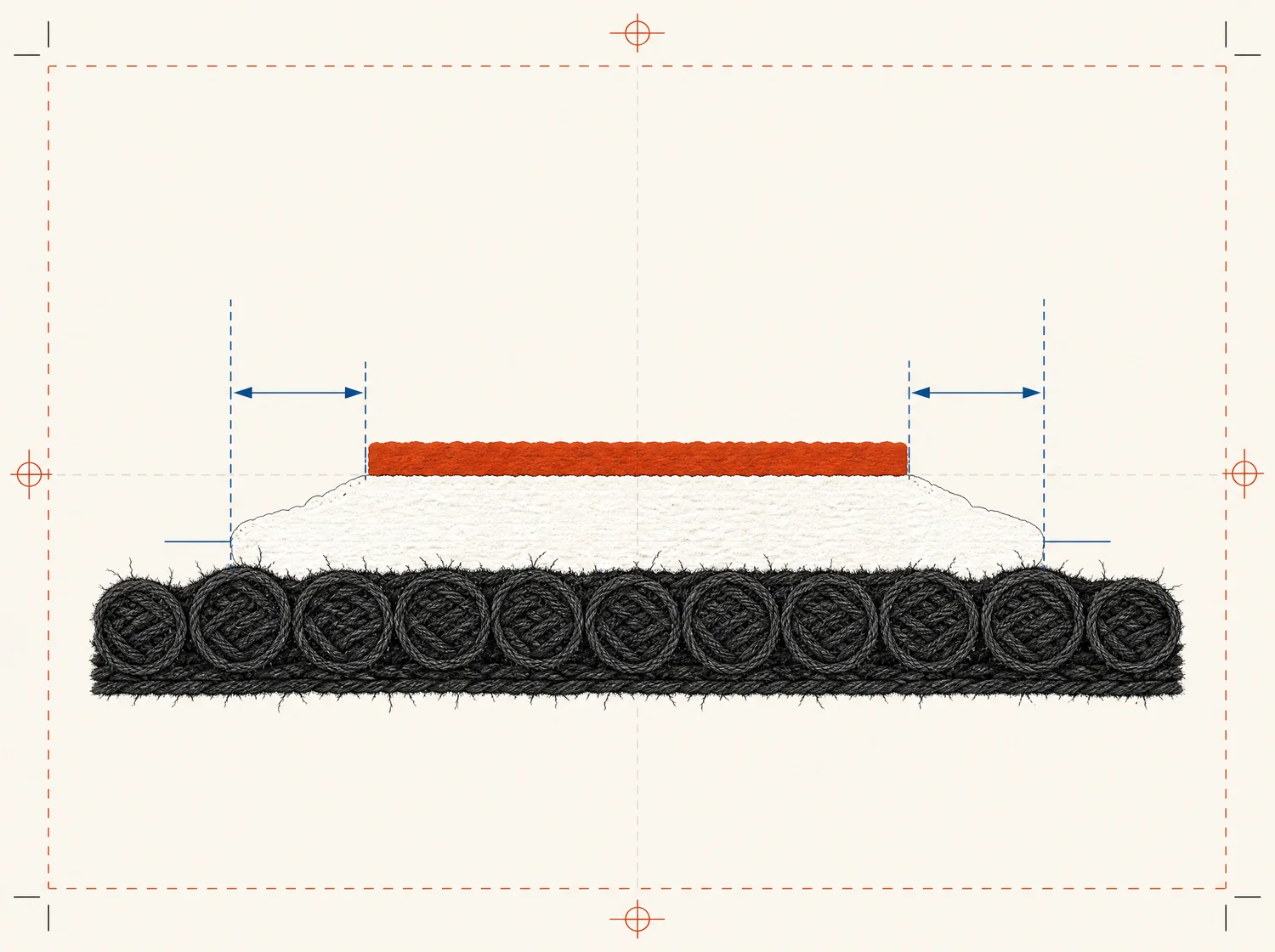 Cross-section of printing on dark fabric: thread cross-sections below, an opaque white underbase spreading wider than intended, a thin colour layer above, with arrows marking the spread.
