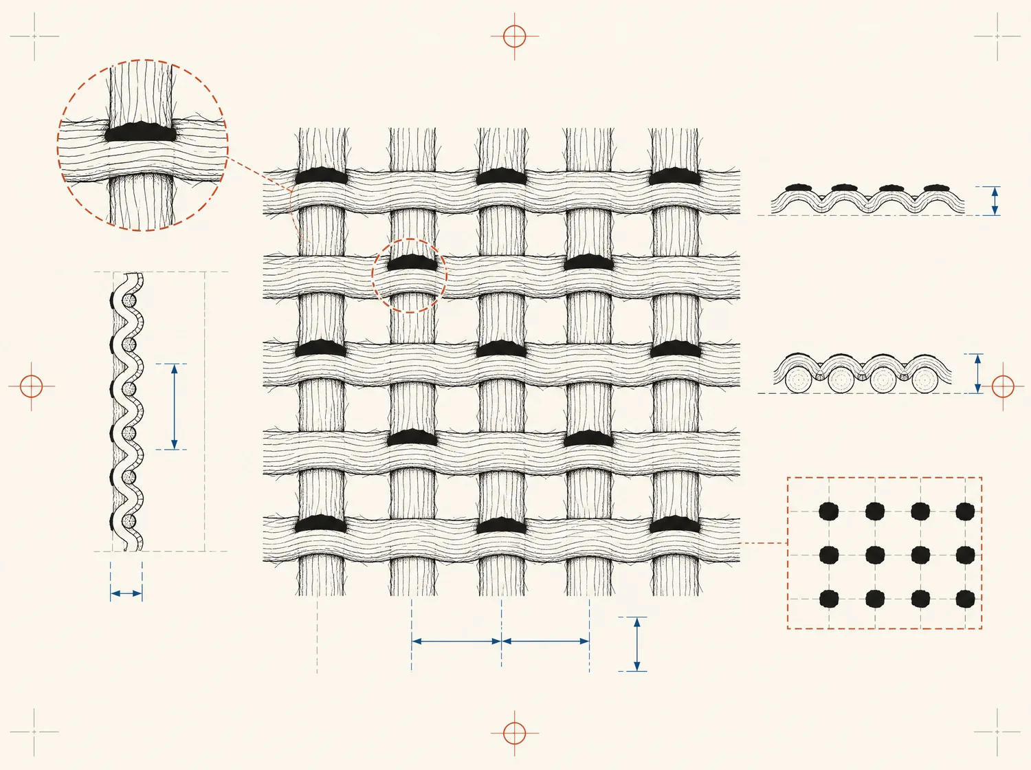 Macro of a coarse plain-weave canvas drawn as an over-under lattice, with ink sitting on the raised crossings and dropping out between threads.