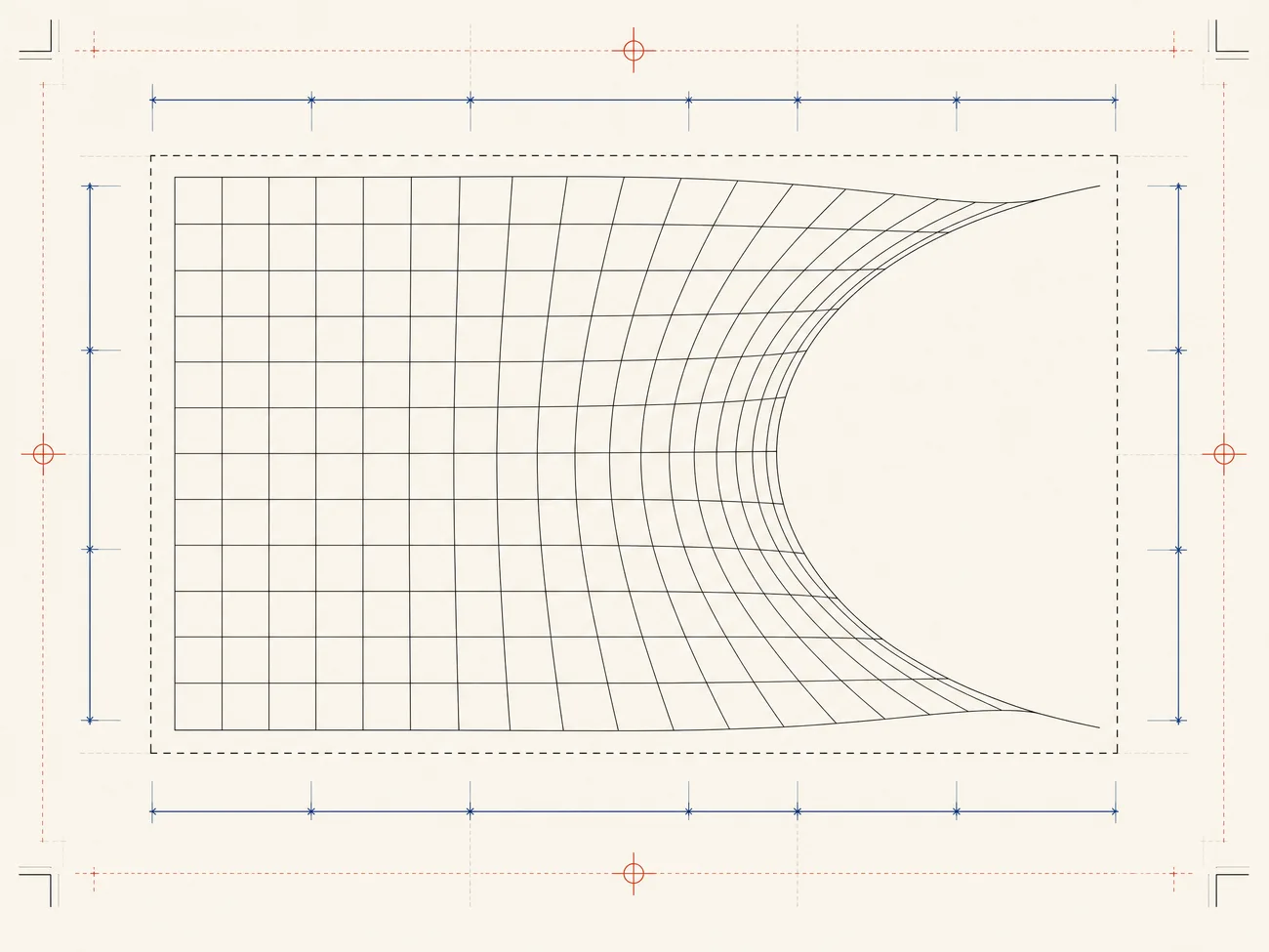 Abstract drawing of a flat square grid skewing progressively into a curved perspective band.