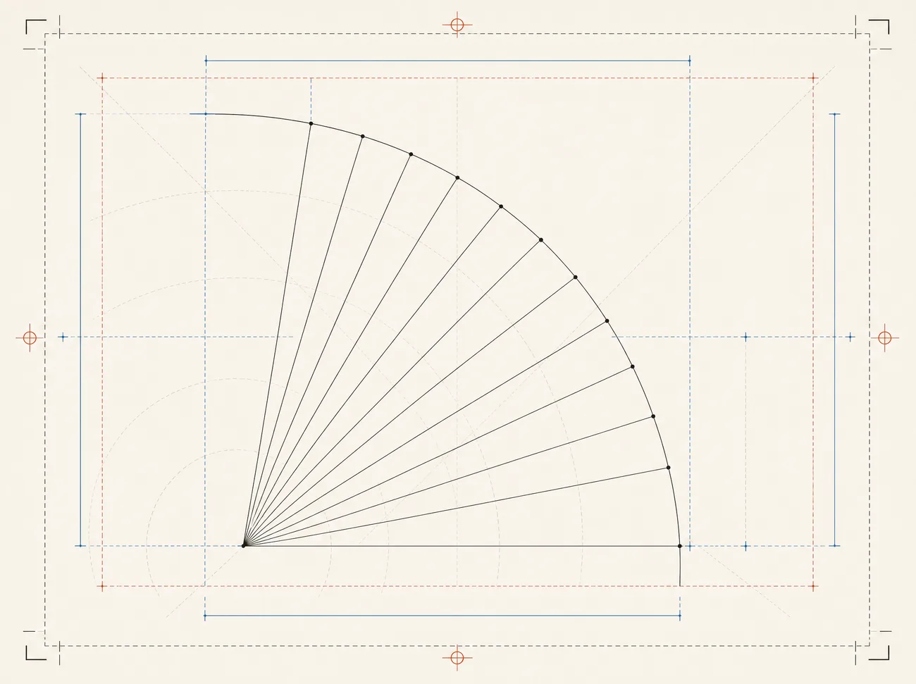 Fan of radial sight lines from a single point meeting a curved surface.