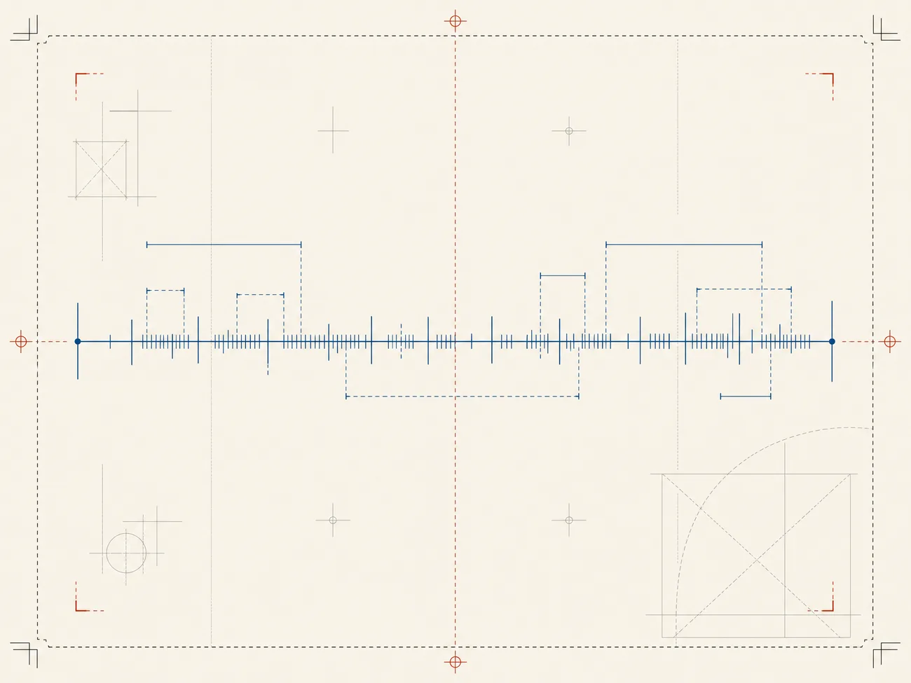 Long horizontal measurement rule with irregular clusters of tick marks and callout brackets.